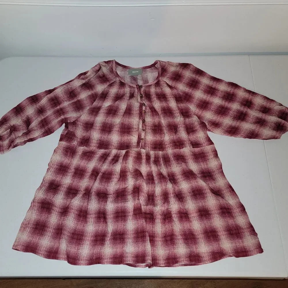 Maeve Anthropologie Womens Cavalon Peplum Plaid Pink White Shirt Blouse XS